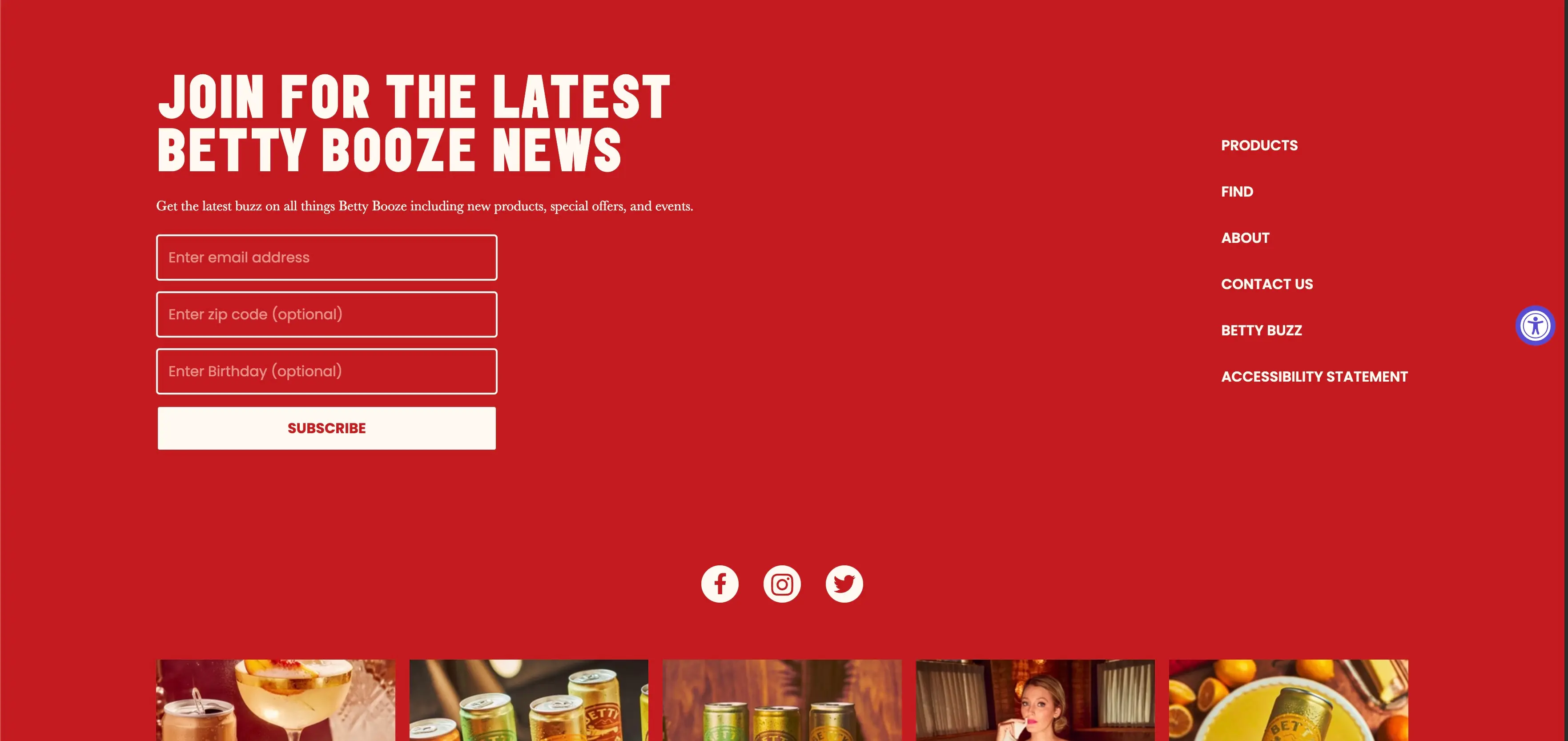 Integration of a newsletter form into Betty Booze's footer section.