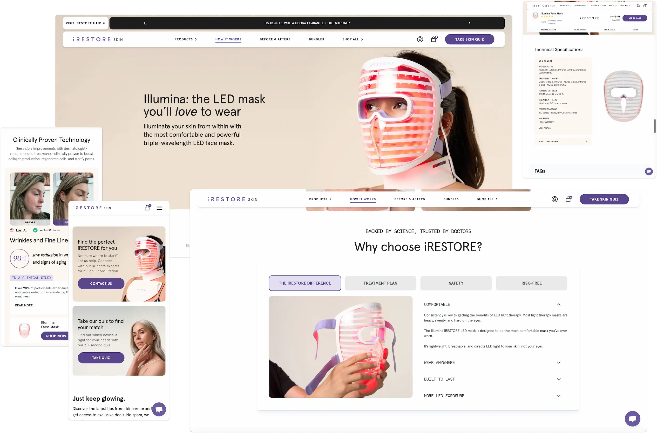 A compilation of the various sections customly created for iRestore: ranging from multiple hero sections to complex components.